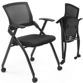 HAOYYE 1 Pack Stackable Folding Office Chair with Wheels and Padded Seat Rebound Back Black PU Upholstery Metal Frame Conference Guest Reception Training Room Chair Fully Assembled Supports 350lbs